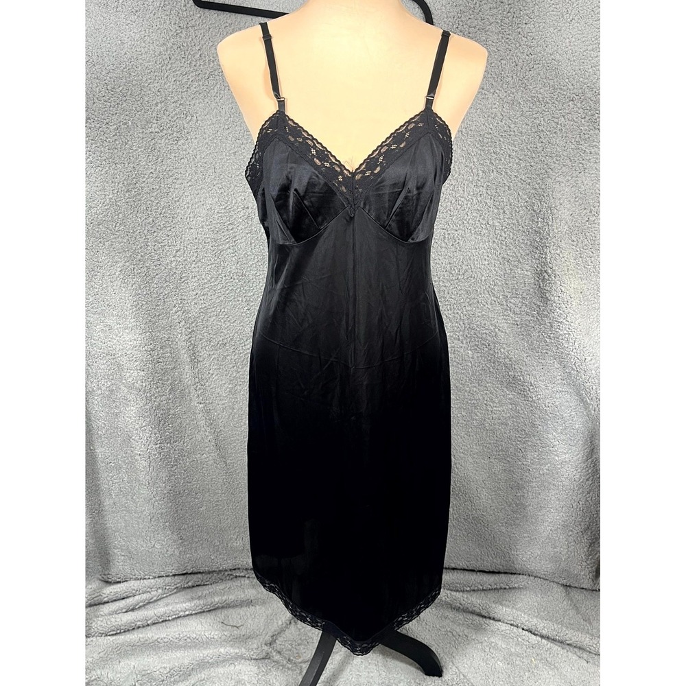 Vtg Vanity Fair Nylon Full Slip Dress Sz 36 Black Lace Trim Lingerie Feminine